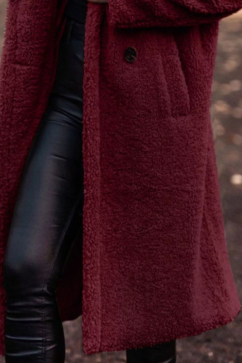 coat, longline, lined, hooded, buttoned, pocketed, thick, oversized, slightly stretchy, front view