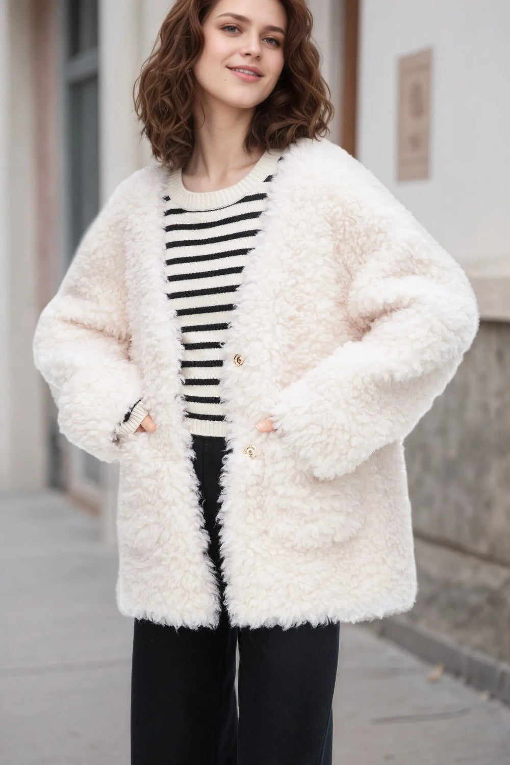 jacket, unlined, fleece, oversized, buttoned, pocketed, thick, no collar, no stretch, front view