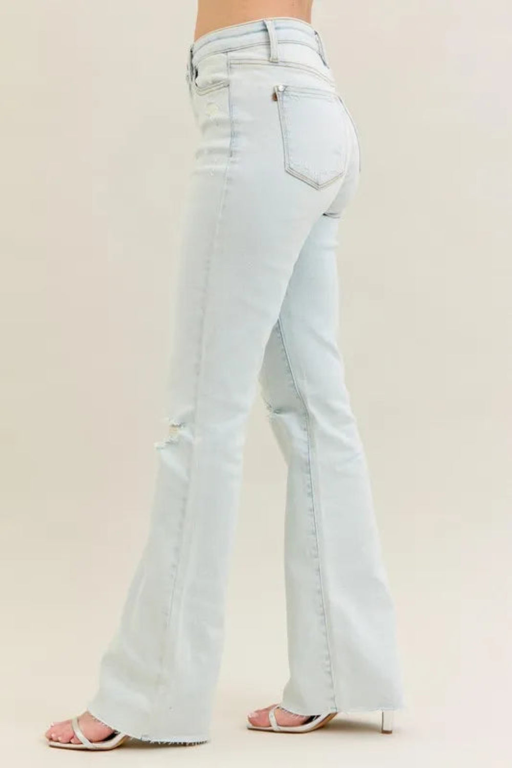 Judy Blue Jeans, Full Size, High-Rise, Destroyed, Raw Hem, Light wash, Button/Zipper Closure, Moderate Stretch, Bootcut Side View