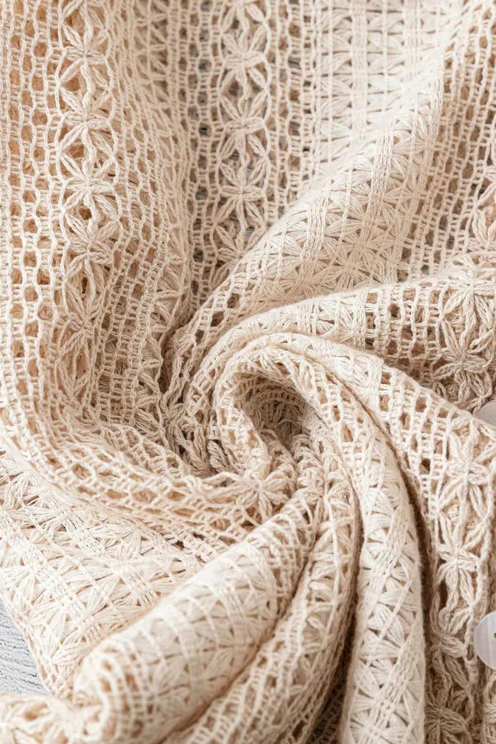 Shirt, long sleeve, crochet, ruffled v-neck, buttoned, unlined, slightly stretchy, close up view