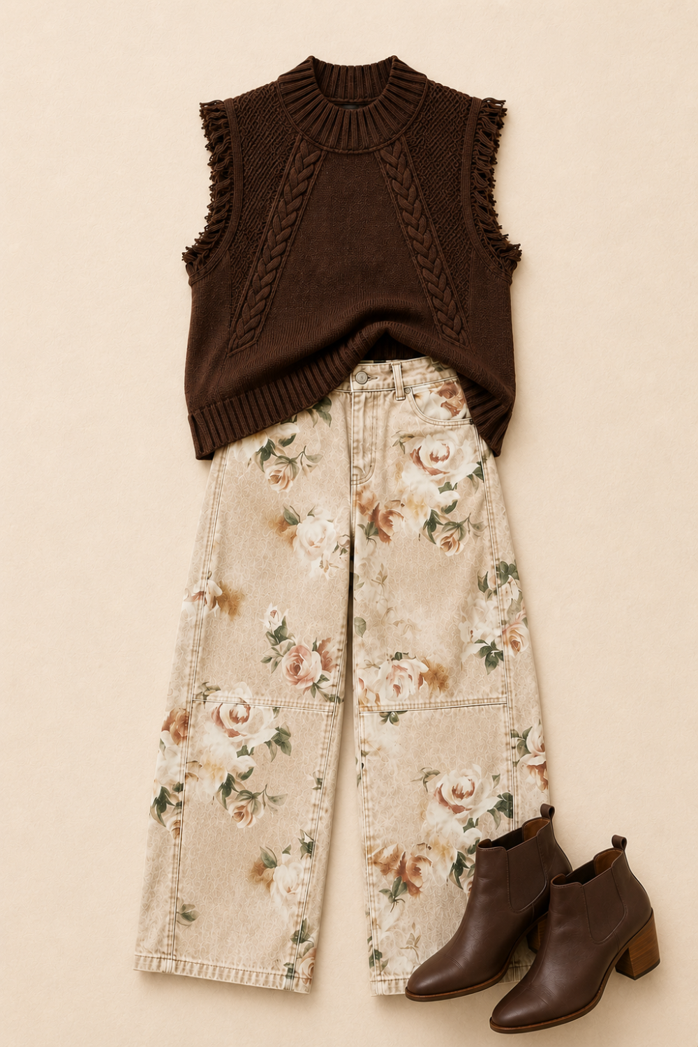 Outfit inspiration
* Sweater vest
* Sleeveless
* Round neck
* Trim fringe
* Cable knit
* Braided trim
* Ribbed
* Slightly stretchy