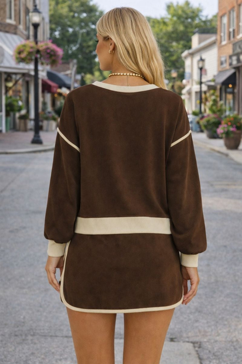 two-piece skort set, contrast trim, long sleeve, round neck, drop shoulder, ribbed, elastic waist, drawstring, pockets, slightly stretchy, back view