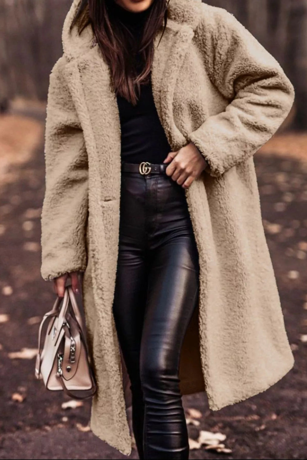 coat, longline, lined, hooded, buttoned, pocketed, thick, oversized, slightly stretchy, front view