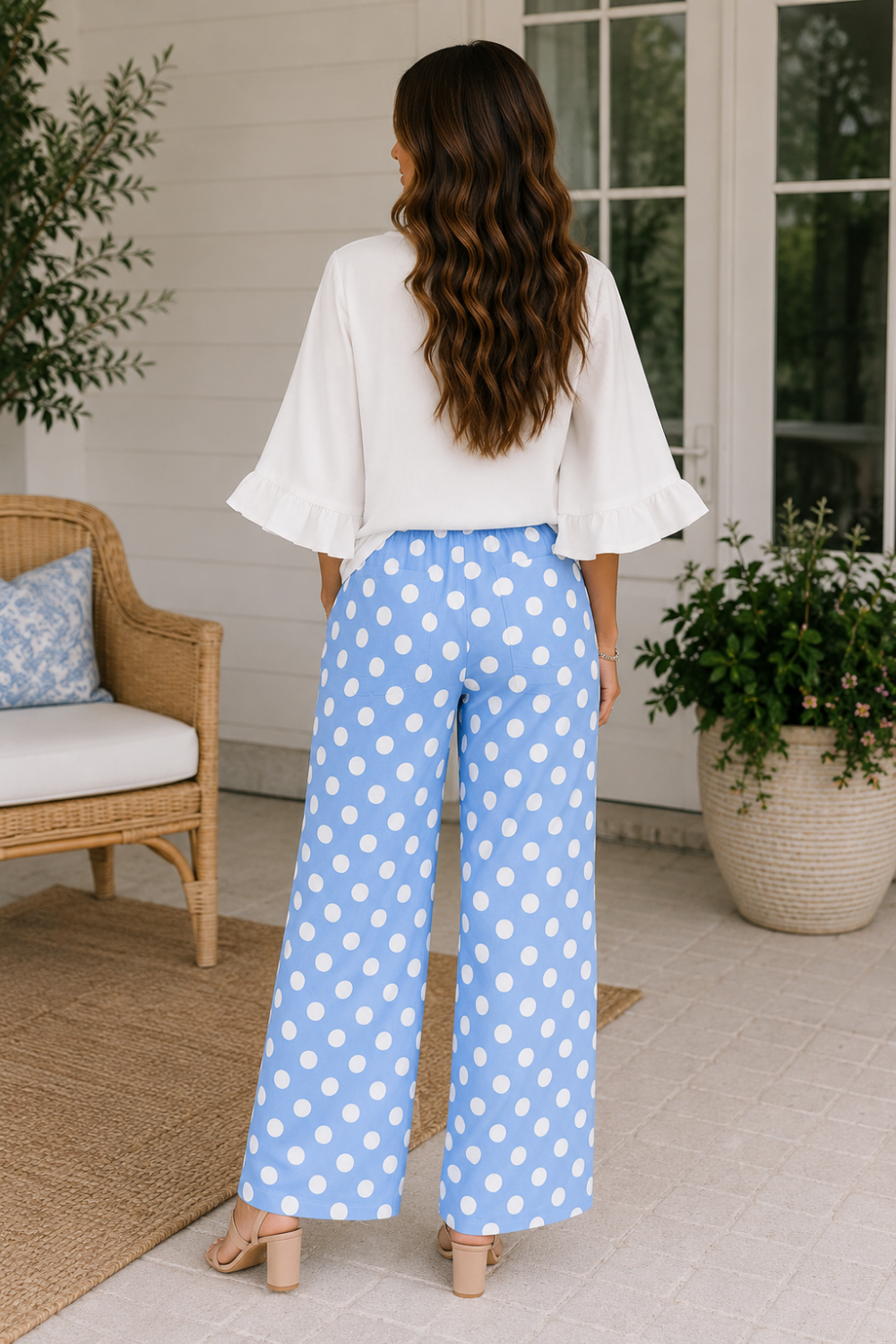 * Mid-rise
* Straight leg
* Patch pocket
* Button/zipper closure
* Belt loops
* Polka dot print
* No stretch
