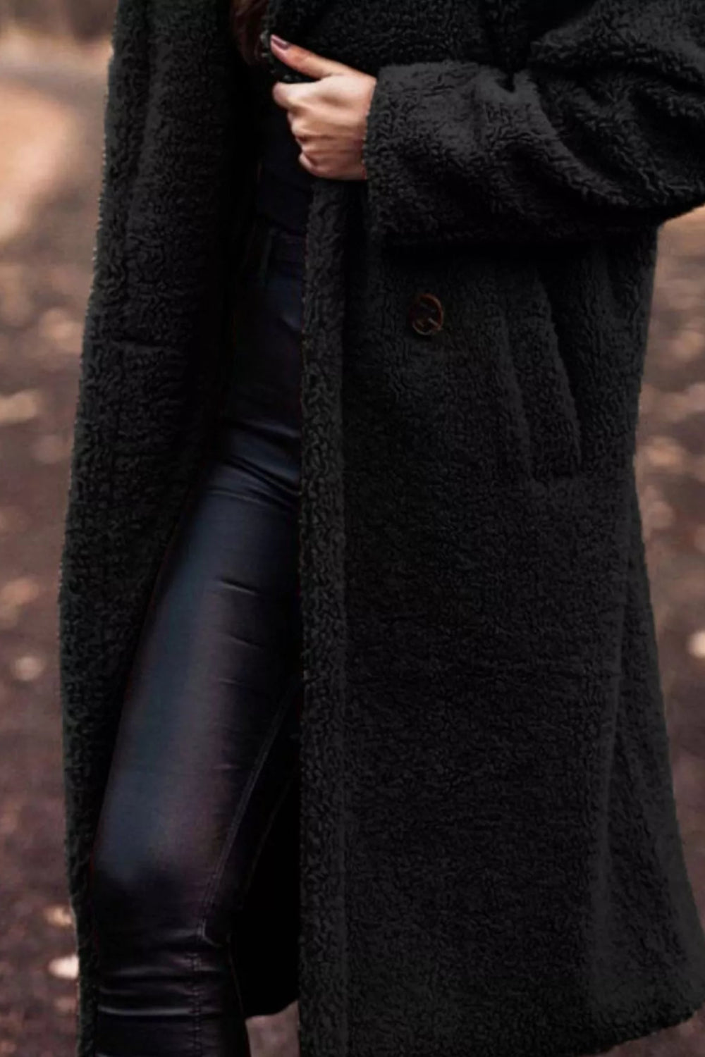 coat, longline, lined, hooded, buttoned, pocketed, thick, oversized, slightly stretchy, front view
