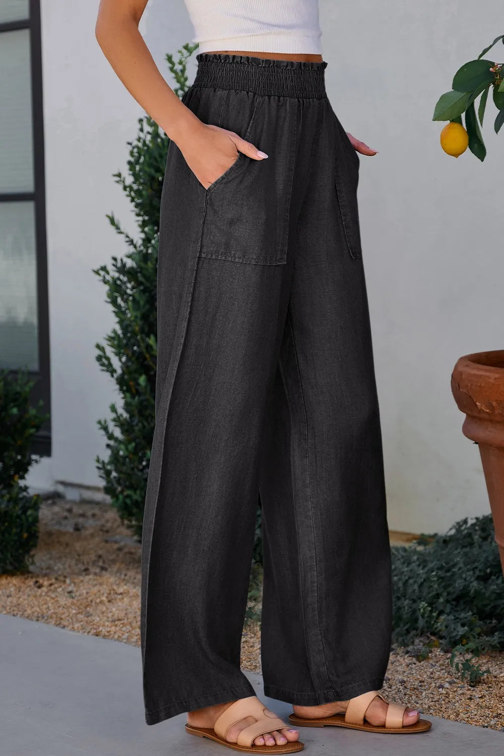 Denim Pants, high waist, patch pockets, smocked waist, pleated, lightweight, wide leg, no Stretch side view