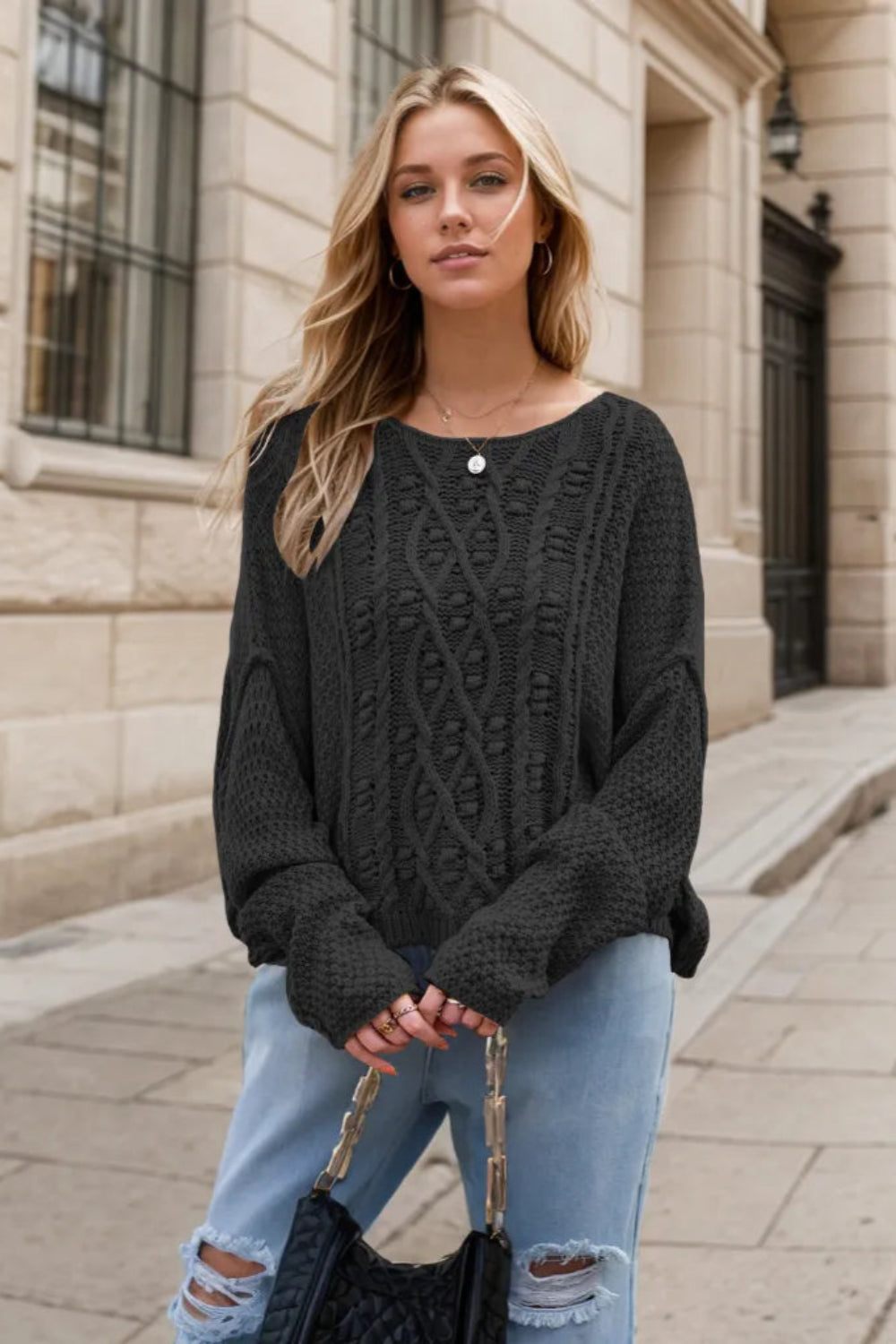 Sweater, pullover, long sleeve, drop shoulder, exposed seam, cable-knit, wide neck, stretchy front view