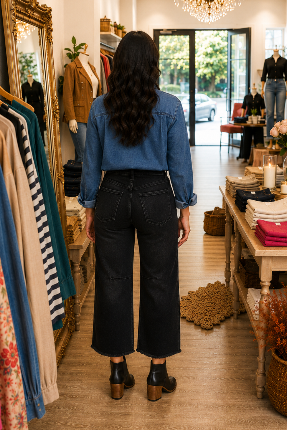* Jeans
* High-rise
* Button/zipper closure
* Belt loops
* Pocketed
* Cropped
* Frayed hem
* Vintage wash
* Knee darts
* Straight-leg 
* No stretch