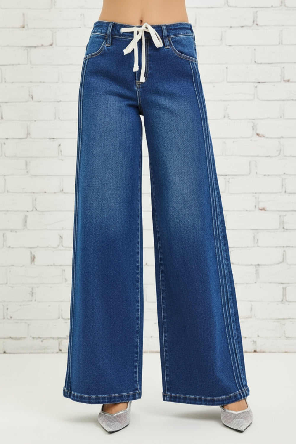 Risen Jeans, full-size, mid-rise, side pin tuck, wide leg, belt loops, elastic waist in back, drawstring closure, pocketed, dark wash, slightly stretchy, front view
