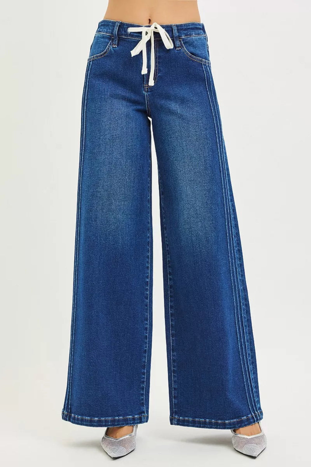 Risen Jeans, full-size, mid-rise, side pin tuck, wide leg, belt loops, elastic waist in back, drawstring closure, pocketed, dark wash, slightly stretchy, front view
