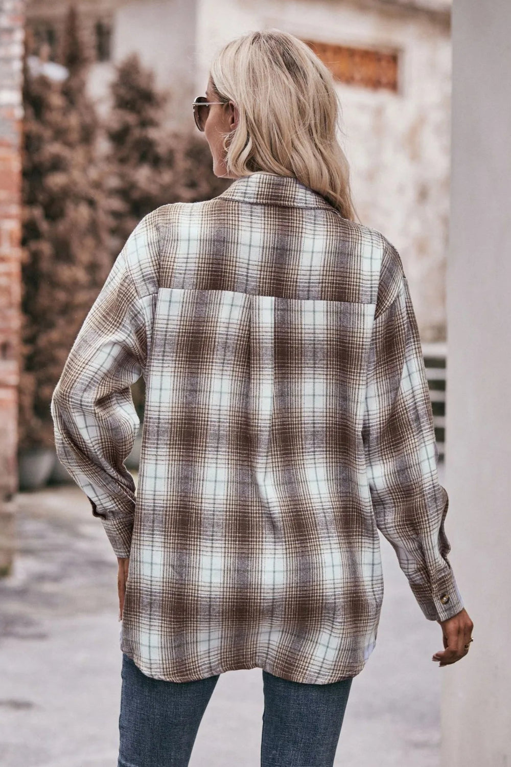 Long sleeve shirt, plaid, collared, pocketed, buttoned, oversized, drop shoulder, no stretch, many colors, back view