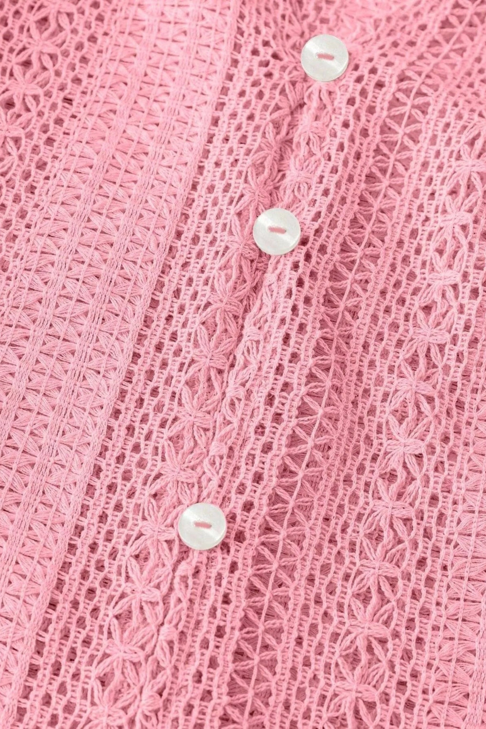 Shirt, long sleeve, crochet, ruffled v-neck, buttoned, unlined, slightly stretchy, close up view