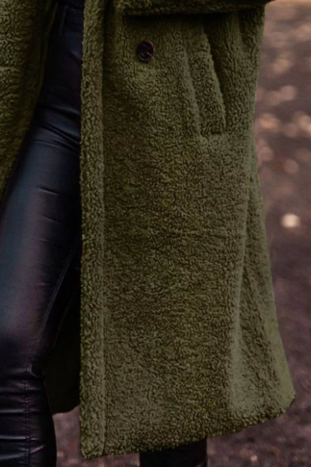 coat, longline, lined, hooded, buttoned, pocketed, thick, oversized, slightly stretchy, close up view