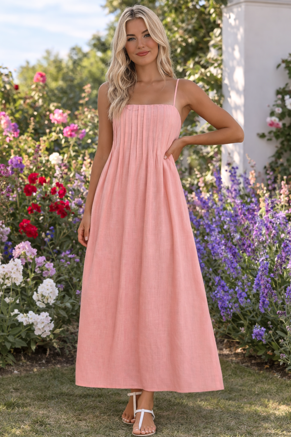 * Midi dress
* Square neck
* Adjustable spaghetti straps
* Ruched
* Smocked
* Unlined
* Some stretch