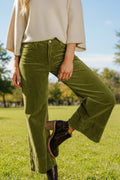 Pants, corduroy, high waist, wide leg, pocketed, belt loops, button/zipper closure, some stretch, front view