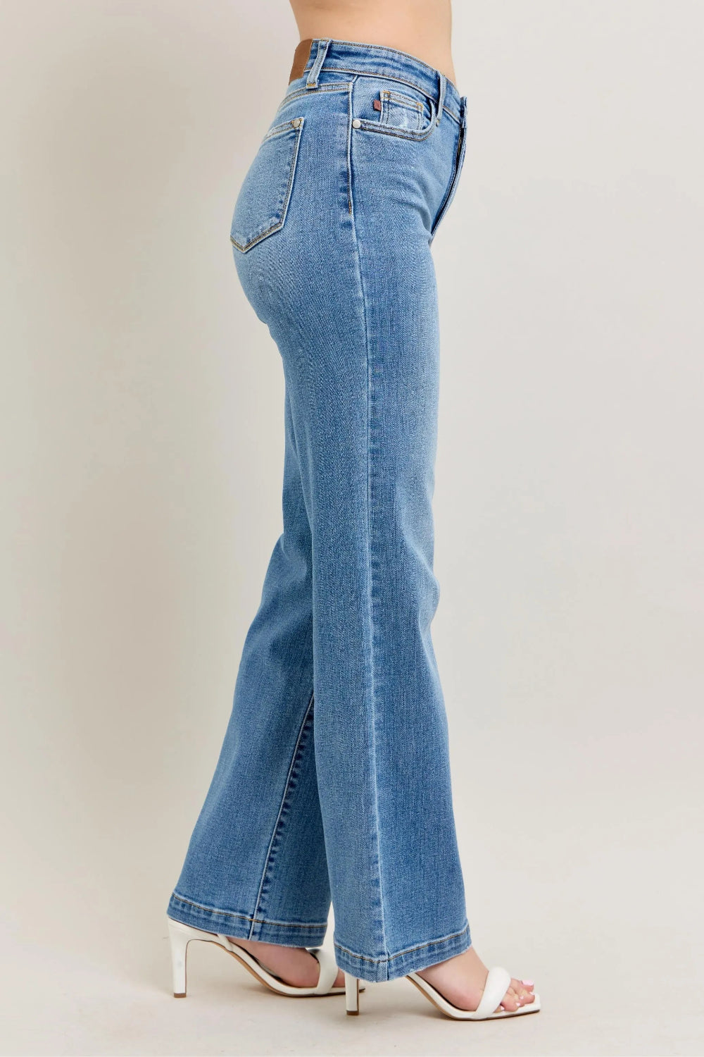 Judy Blue Jeans, full-size, high-rise, medium wash, straight let, 5 pocket, slightly stretchy side view