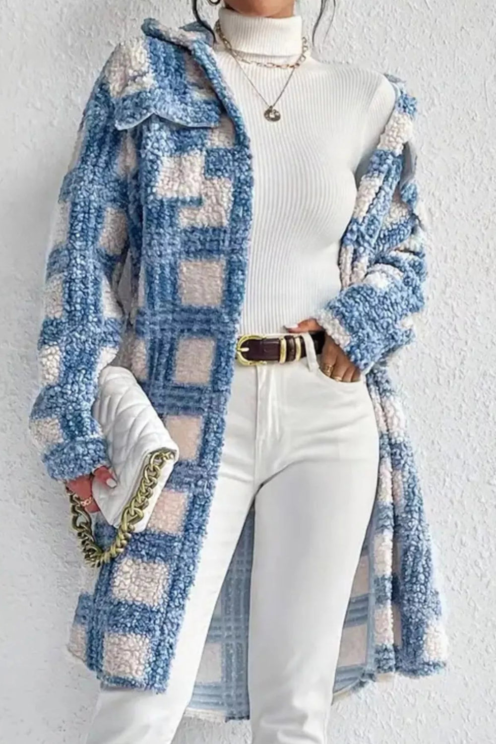 coat, fleece, unlined, buttoned, pocketed, scalloped hem, checkered, collared, some stretch, front view