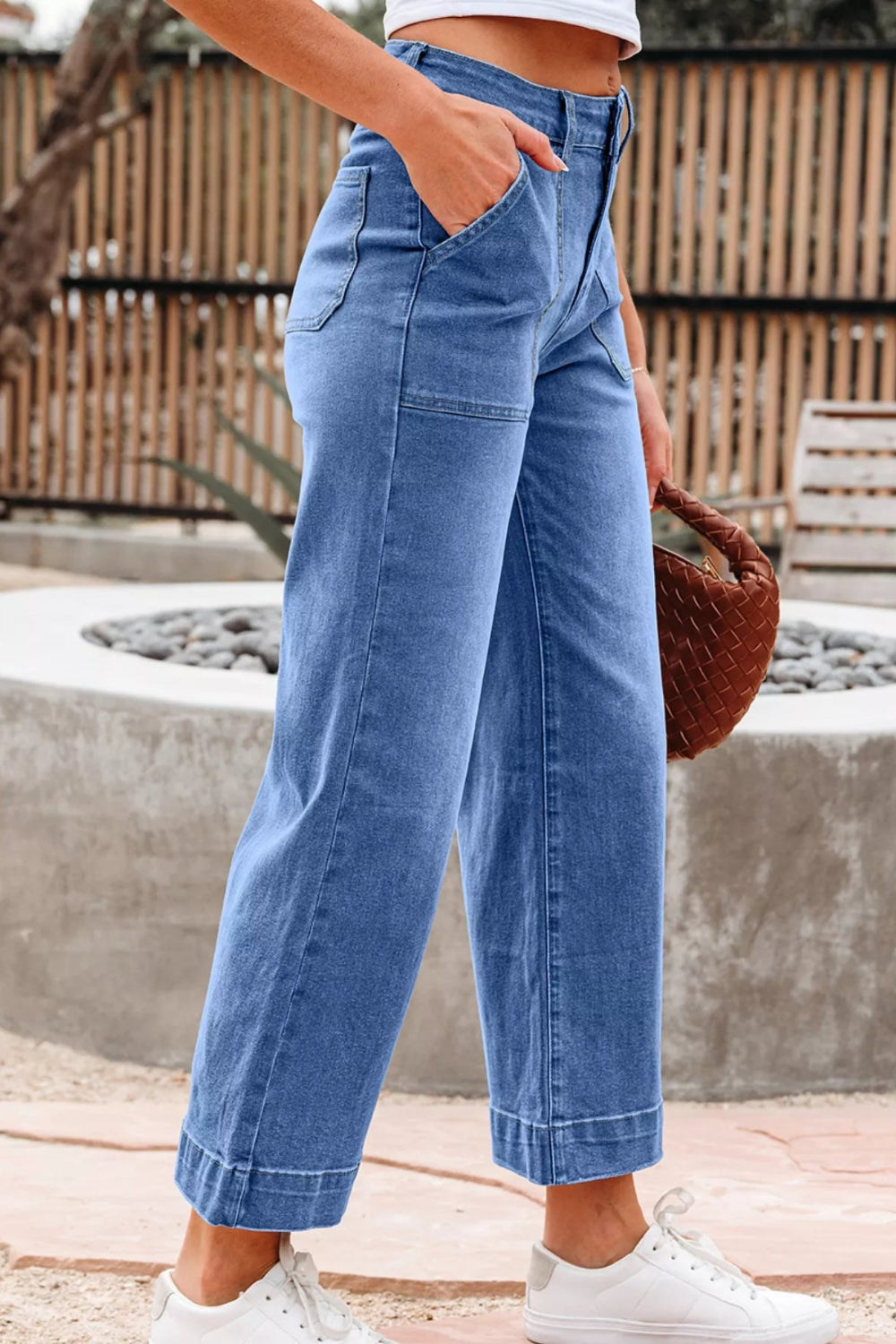 Jeans, wide leg, high-rise, flared, medium wash, cropped, button/zipper closure, belt loops, pocketed, wide hem, stretchy, side view