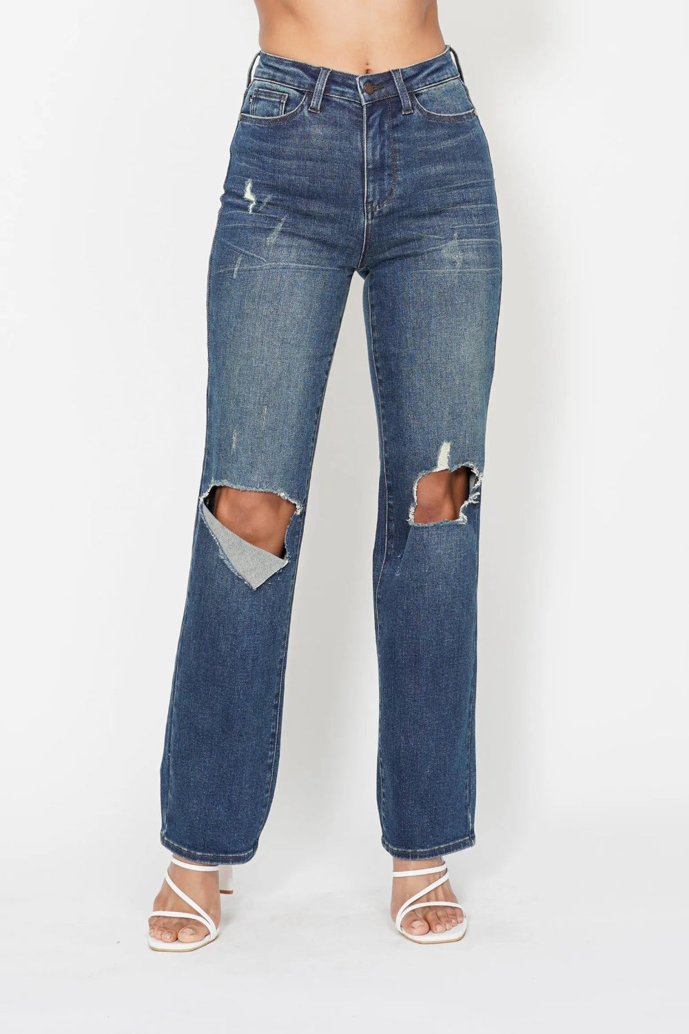Judy Blue Jeans, full-size, high-rise, ripped knee, pocketed, distressed, straight leg, dad style, slightly stretchy front view