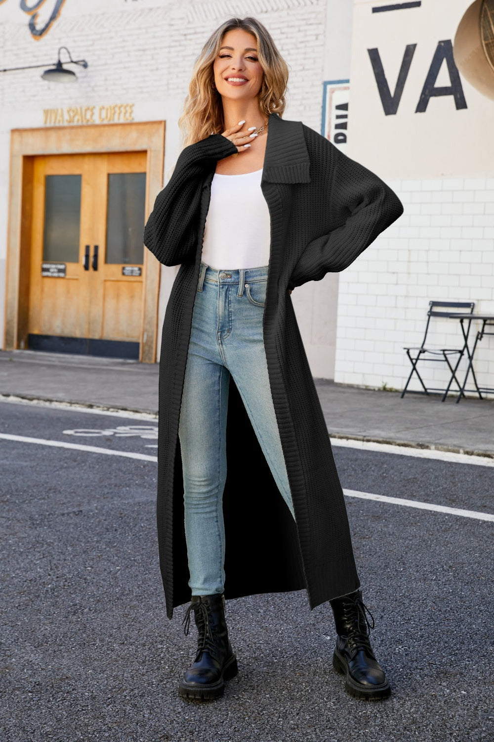 cardigan, open front, duster, collared, ribbed, long sleeve, drop shoulder, slightly stretchy, front view