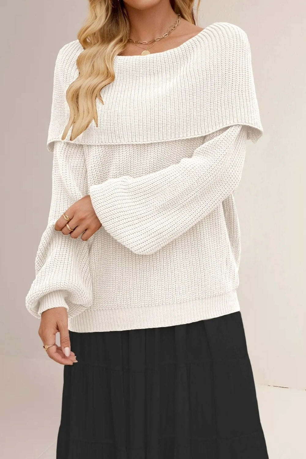 Sweater, pullover, fold over collar, long sleeve, oversized, ribbed knit, slightly stretchy, front view