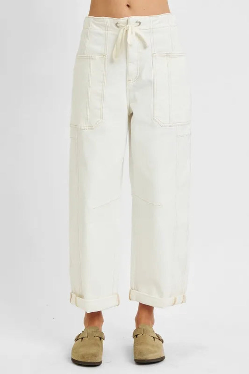 Risen Jeans, full size, high rise, cropped, wide leg, barrel leg, adjustable, drawstring tie, elastic waist, front patch pockets , back pockets, cuffed hem, washed, double side seam, stretchy, front view
