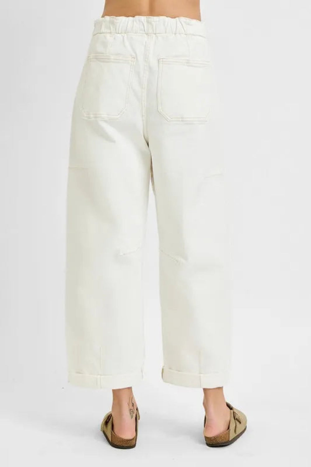 Risen Jeans, full size, high rise, cropped, wide leg, barrel leg, adjustable, drawstring tie, elastic waist, front patch pockets , back pockets, cuffed hem, washed, double side seam, stretchy, back view
