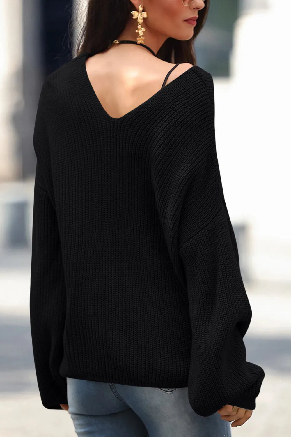 sweater, pullover, long sleeve, drop shoulder, v-neck, ribbed, knit, front lace detail, oversized, slightly stretchy, back view