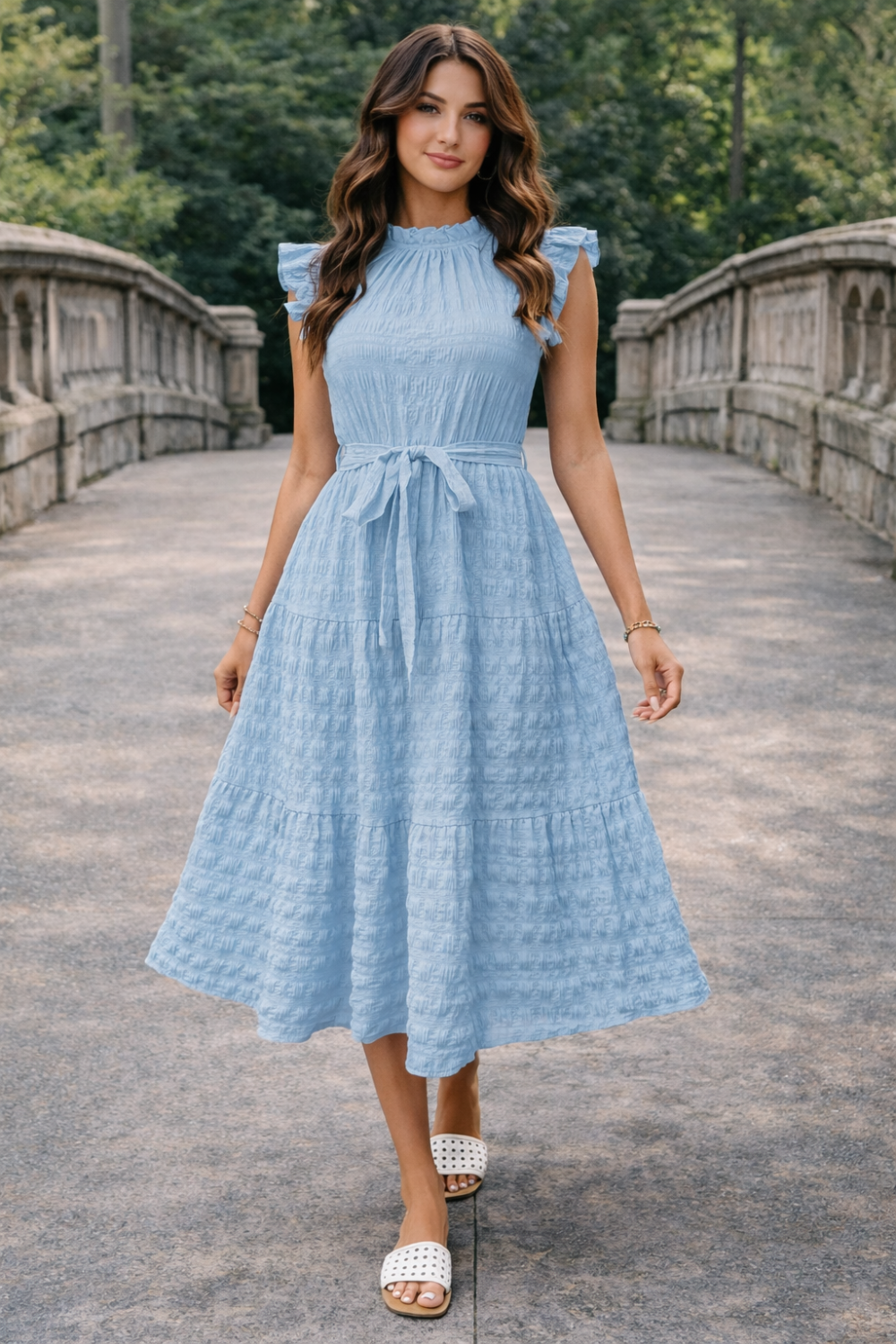 * Midi dress
* Round neck
* Cap sleeves
* Tied
* Ruffled
* Opaque
* Keyhole closure
* Unlined
* No Stretch
