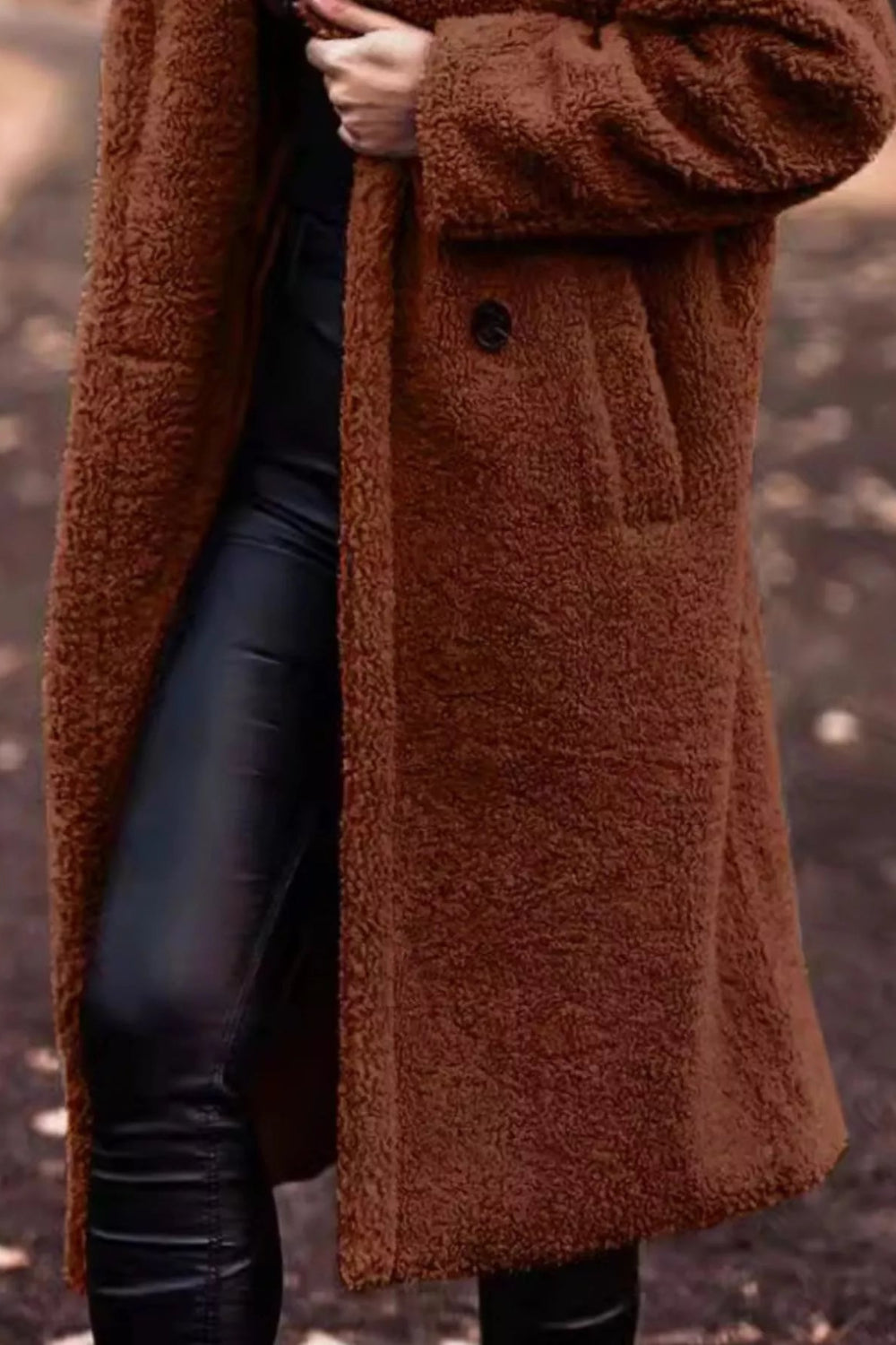 coat, longline, lined, hooded, buttoned, pocketed, thick, oversized, slightly stretchy, close up view