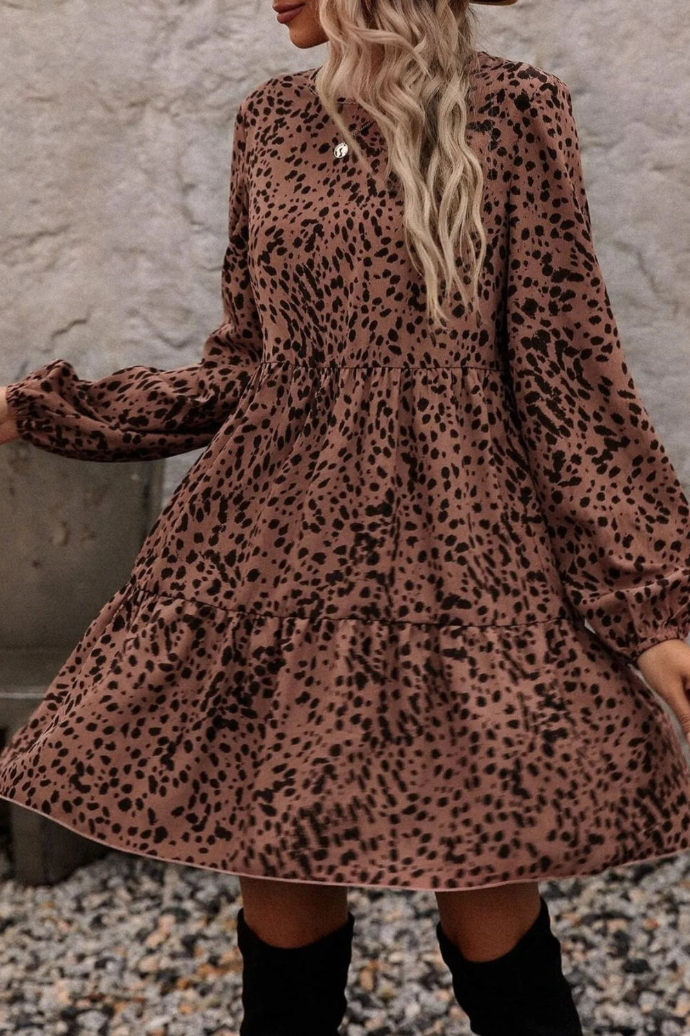 Mini dress, leopard print, long sleeve, ruffled, ruched, keyhole closure, unlined, no stretch, front view