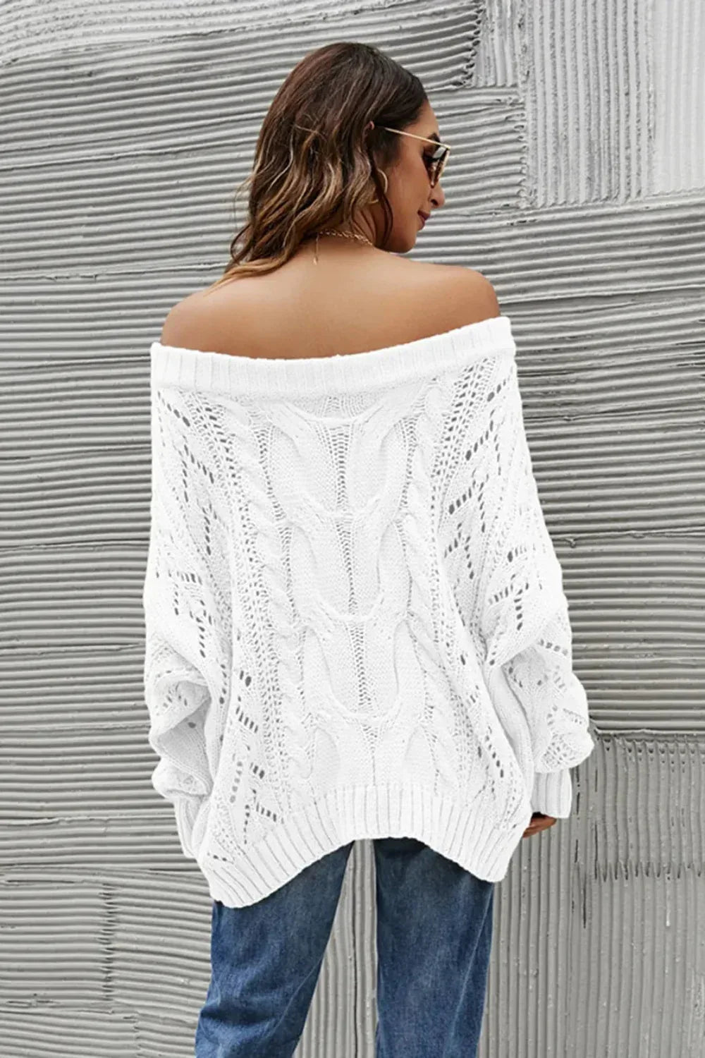 Sweater, pullover, long sleeve, off-shoulder, drop sleeve, cable knit, openwork, oversized, stretchy, back view
