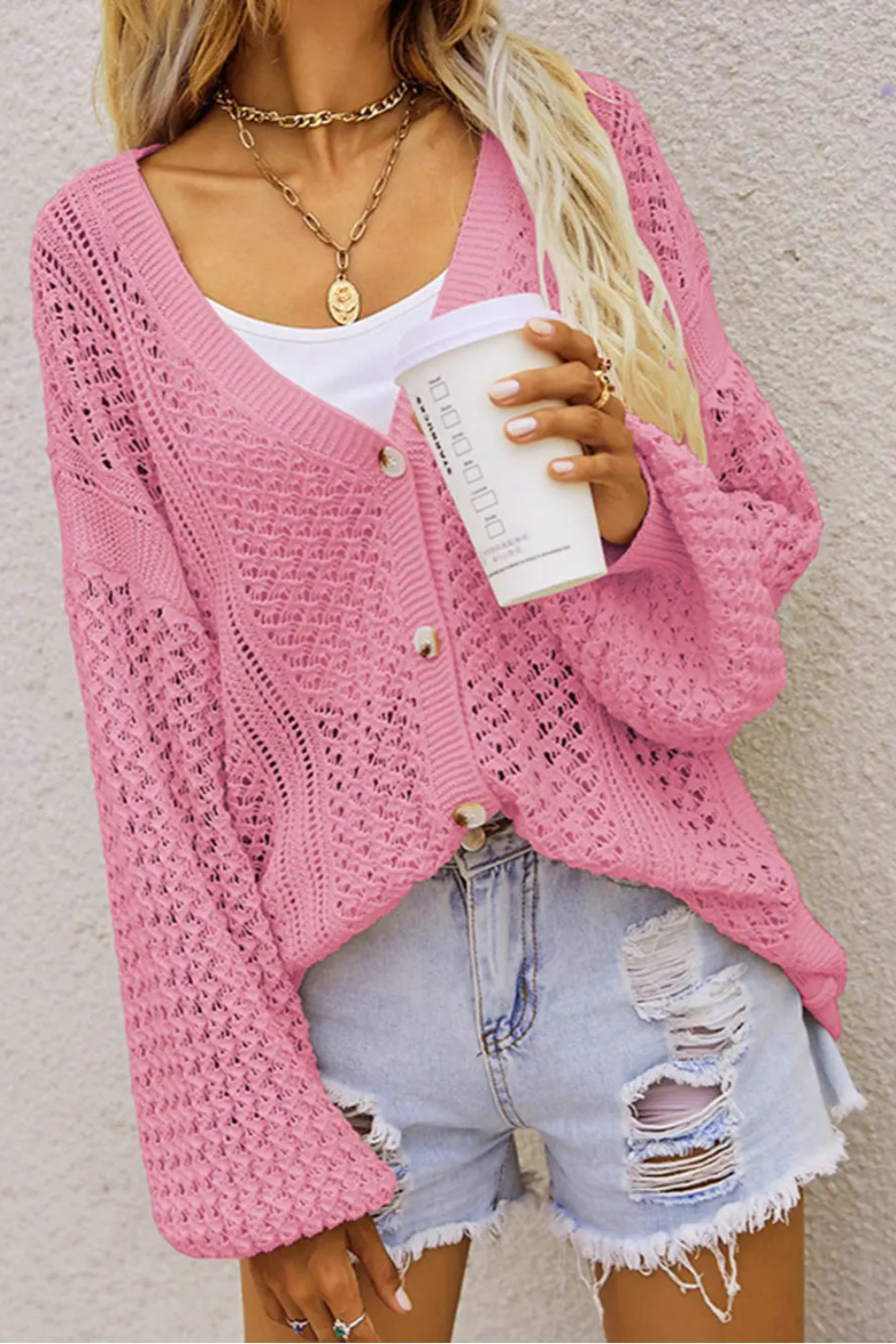 Cardigan, long sleeve, openwork, buttoned, oversized, drop shoulder, stretchy front view